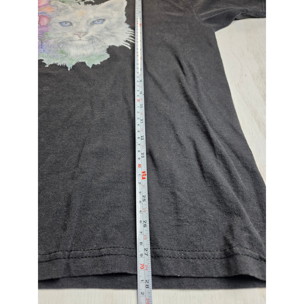 Vintage Hanes Cat T-Shirt XL Black Orchid Flower Graphic Cottagecore Boho 90s - Picture 5 of 5